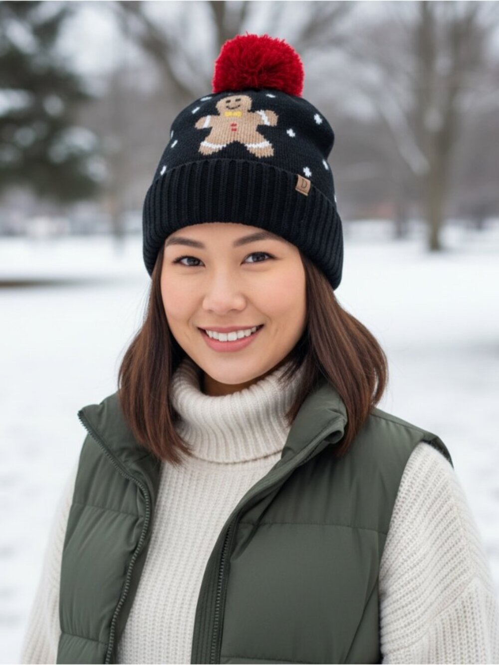 Holiday Gingerbread Man Navy Knit Winter Beanie with Red Pom